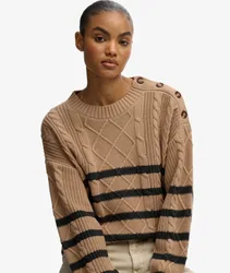Superdry Damen Rundhalspullover mit Zopfmuster Beige - Größe: 42