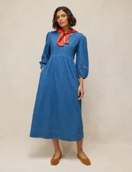 Denim Notch Neck Midi Tea Dress Blue Denim female
