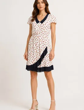 Women's Ditsy Floral Contrast Collar Wrap Detail Dress in White Size: 10 - White - Size: 10 - Cutie London - FashionsVida