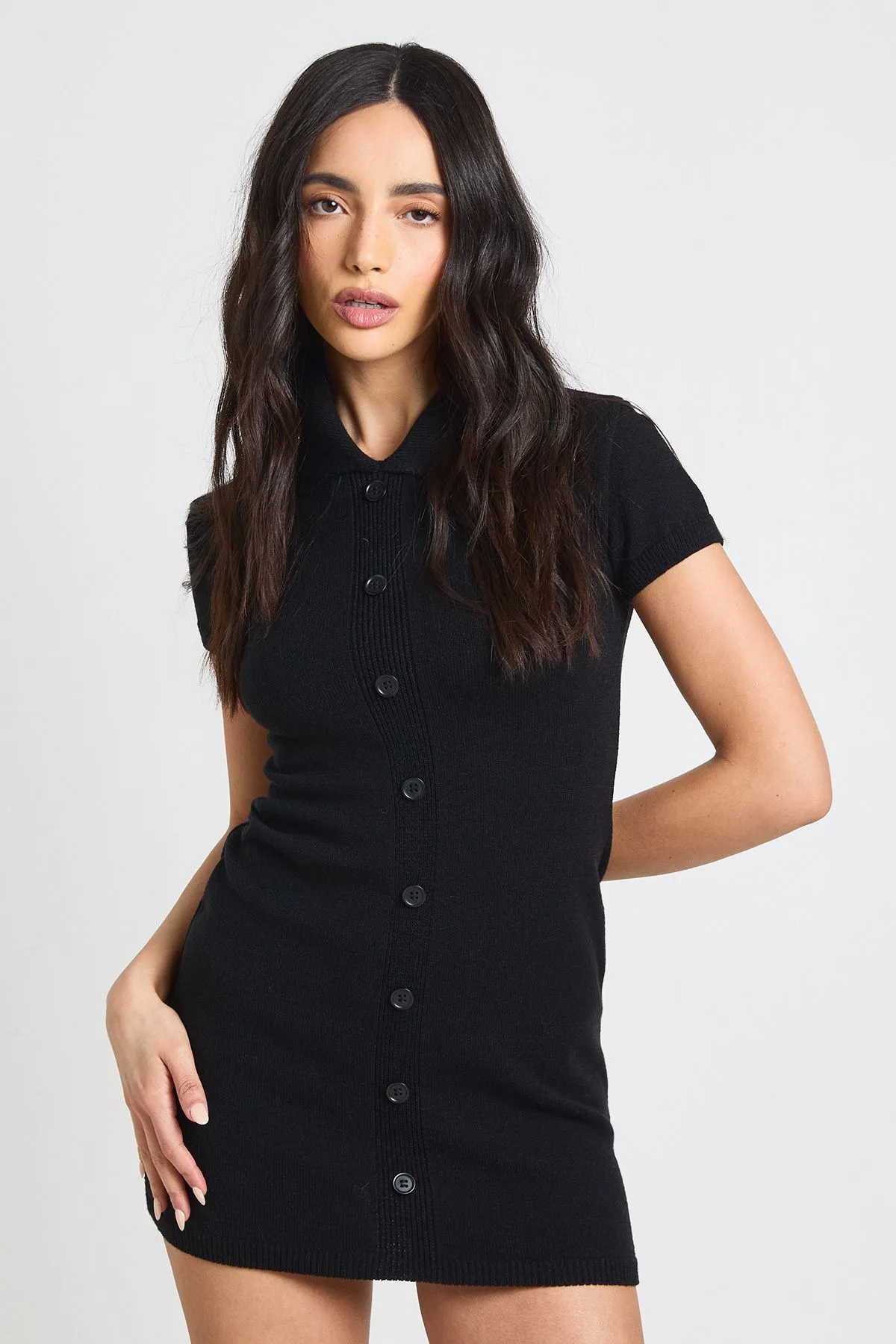 Womens Knitted Button Through Mini Dress - Black Viscose - Size Medium - Boohoo - FashionsVida