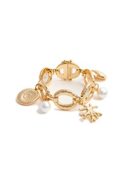Mini Gold Brass Embellished Clutch with Faux Pearl Detailing