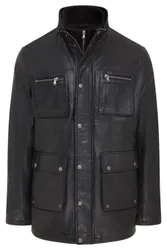 Mens Black Military Jacket Outwear Coat - Field Lamb Leather - Size X-Large