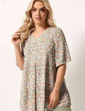 Floral Pleat Front Top - Multicolor - Size: 26-28 - Yours - FashionsVida