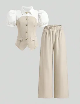 Pcs/Set Conjunto de niña con blusa de manga abullonada con botones asimétricos & dobladillo plisado y pantalones de pierna recta ancha, paleta de co - Shein - FashionsVida