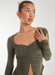 Womens Slinky Ruched Butterfly Top - Khaki - Size Large