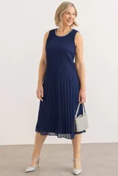 Women's Embellished Pleated Midi Dress in Midnight Size: Small - Midnight - Size: S