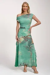 Lace Insert Ruched Mesh Maxi Dress - Multicolor - Size: 12
