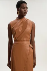 Women's Faux Leather Drape Sleeveless Top in Camel Size: 6 - Camel - Size: 6