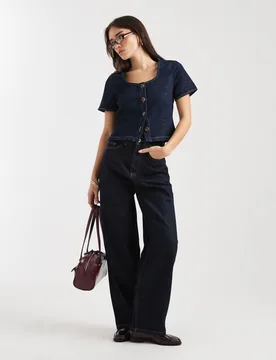 Womens Denim Bust Detail Top In Mid Blue - Sky Blue - Size X-Small - ASOS DESIGN - FashionsVida
