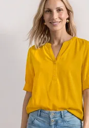 Kurzarm Bluse mit Split Neck und Elastiksaum female Gelb