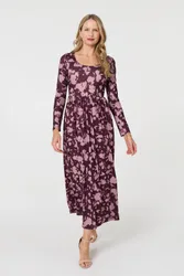 Floral Long Sleeve Jersey Maxi Dress - Red - Size: 8