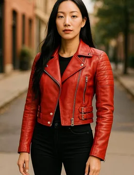 Women's Cropped Brando Leather Biker Jacket-Durban in Red Size: 8 - Red - Size: 8 - Infinity Leather - FashionsVida