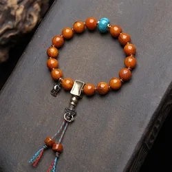 Tibetan-style recycled yak bone decorative bracelet, single-strand prayer beads, peace knot, turquoise barrel beads