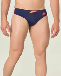 Costume slip blu in tessuto tecnico stretch con logo sole arancione