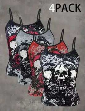 Pack Women Skull Rose Print Cami Tops Thin Strap Slim Sleeveless Tank Vintage Gothic Y2K Streetwear Camisole Set - Aliexpress - FashionsVida