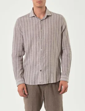 Camicia bastoncino noce e marrone in misto lino e cotone con colletto alla francese - Alley Docks - FashionsVida