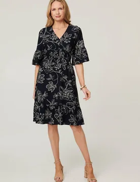 Printed Flare Sleeve Knee Length Dress - Navy - Size: 10 - Izabel London - FashionsVida
