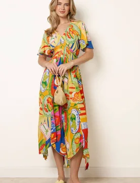 Women's Shirred Waist Multi Short Sleeve Slip On V-neck Midi Dress Size: Medium/Large - Multicolor - Size: M/L - Blue Vanilla - FashionsVida