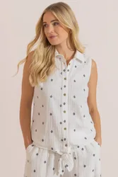 Embroidered Textured Sleeveless Cotton Top - White - Size: 10