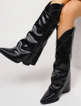 Botas occidentales para mujer, botas de tobillo vintage con tachuelas, botas altas de moda con punta puntiaguda y tacón grueso, botas de montar - Shein - FashionsVida