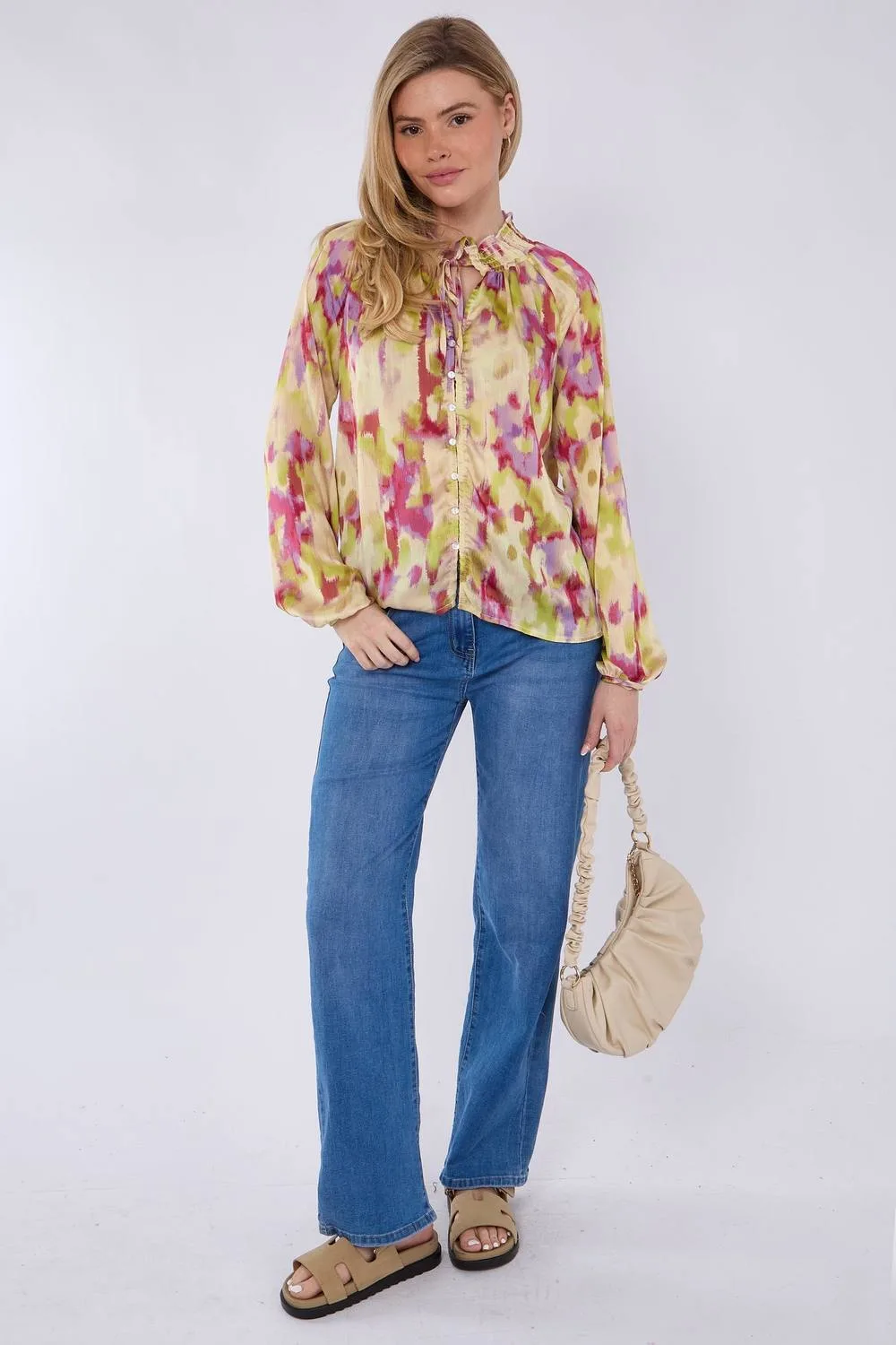 Women's Pink & Lime Tie Dye Print Tie Lace Satin Blouse Size: Large - Multicolor - Size: L - LOVE SUNSHINE - FashionsVida