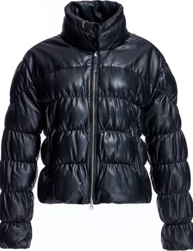 Plumífero de cuero de mujer fruncido con cremallera y cuello alto - Maximilian - FashionsVida
