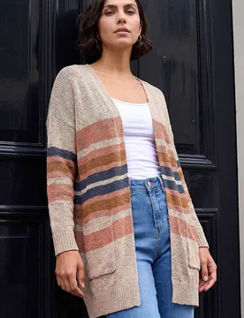 Women's Stripe Knit Longline Cardigan Sweater in Camel Size: 20 - Camel - Size: 20 - Roman - FashionsVida