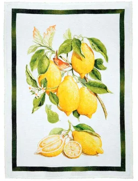 Canovaccio Limoncello in lino bianco con stampa limoni e controno verde - Tessitura Toscana Telerie - FashionsVida