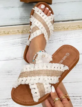 Sandalias casuales holgadas de tiras con flecos en color caqui de estilo vintage y elegante para mujer, adecuadas para citas de San Valentín, paseos - Shein - FashionsVida