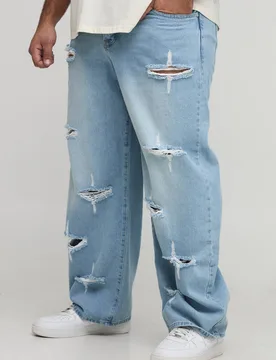 Herren Plus Rigid Star Used Relaxed Fit Jeans Hosen Ice Blue Größe 40 - boohooMAN - FashionsVida