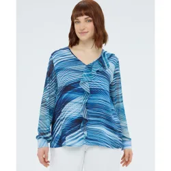 Blusa de mujer de viscosa estampada con volante y cuello de pico