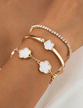 Set de joyería de 3 piezas con pulsera de cadena y trébol de lujo con diamantes para mujeres