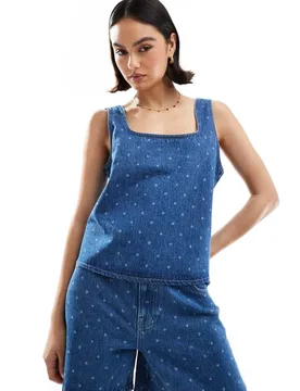 Womens Denim Square Neck Shift Top With Polka Dot Print In Mid Blue - Sky Blue - ASOS DESIGN - FashionsVida