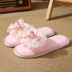 Zapatillas de casa con lazo de encaje para mujer, cálidas y acogedoras, zapatillas de pareja para otoño/invierno