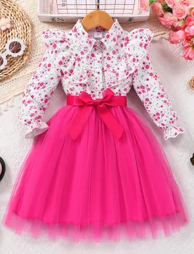 Vestido de manga larga con estampado floral y malla con cinturón en la cintura para niña joven - Shein - FashionsVida