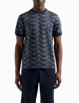 T-shirt blu in puro cotone con logo scritta all over - EA7 - FashionsVida