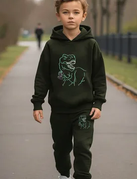 Set de 2 piezas para niño pequeño, suéter con capucha de manga larga y pantalón de chándal con estampado de dinosaurios de videojuegos - Shein - FashionsVida