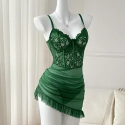 Set de 2 piezas de lencería sexy para mujer (Sujetador tipo bralette de encaje y contraste de malla y conjunto de pantis)