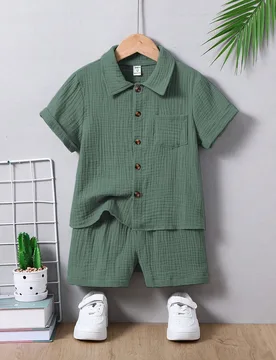 Set de 2 piezas de camiseta de manga corta y pantalones cortos de algodón minimalista y casual para niños, adecuado para uso diario, escuela, salida - Shein - FashionsVida