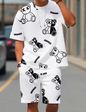 Conjunto de camiseta casual de hombre con estampado de oso y letras, adecuado para el verano, gran regalo para amigos. Conjunto de 2 piezas de ropa de - Shein - FashionsVida