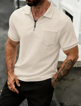 Men's Jacquard Textured Half-Zip Polo Shirt Summer Casual Short Sleeve Turn-Down Collar Top with Pocket for Business Streetwear。 - Aliexpress - FashionsVida
