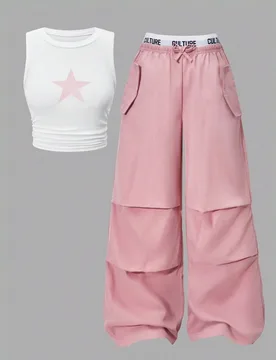Piezas/Set Top sin mangas con cordón lateral y estampado de estrellas rosa para niñas preadolescentes, combinado con pantalones cargo con bloques de - Shein - FashionsVida