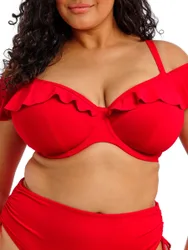 Womens Plain Sailing Ruffle Bikini Top - Red Polyamide - Size 36gg