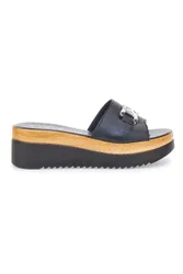 Ciabatta Nera con Fascia in Pelle e Platform Effetto Sughero 34567409 38