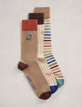 Pack Striped & Lobster Cotton Rich Socks Natural Mix male - White stuff - FashionsVida