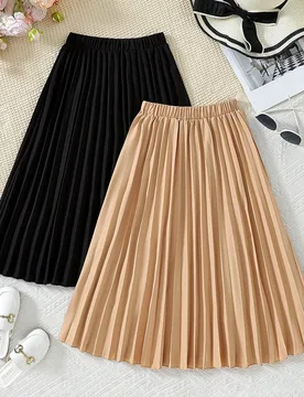 Conjunto de 2 piezas de falda midi de cintura elástica plisada de unicolor casual para niñas preadolescentes, primavera verano - Shein - FashionsVida