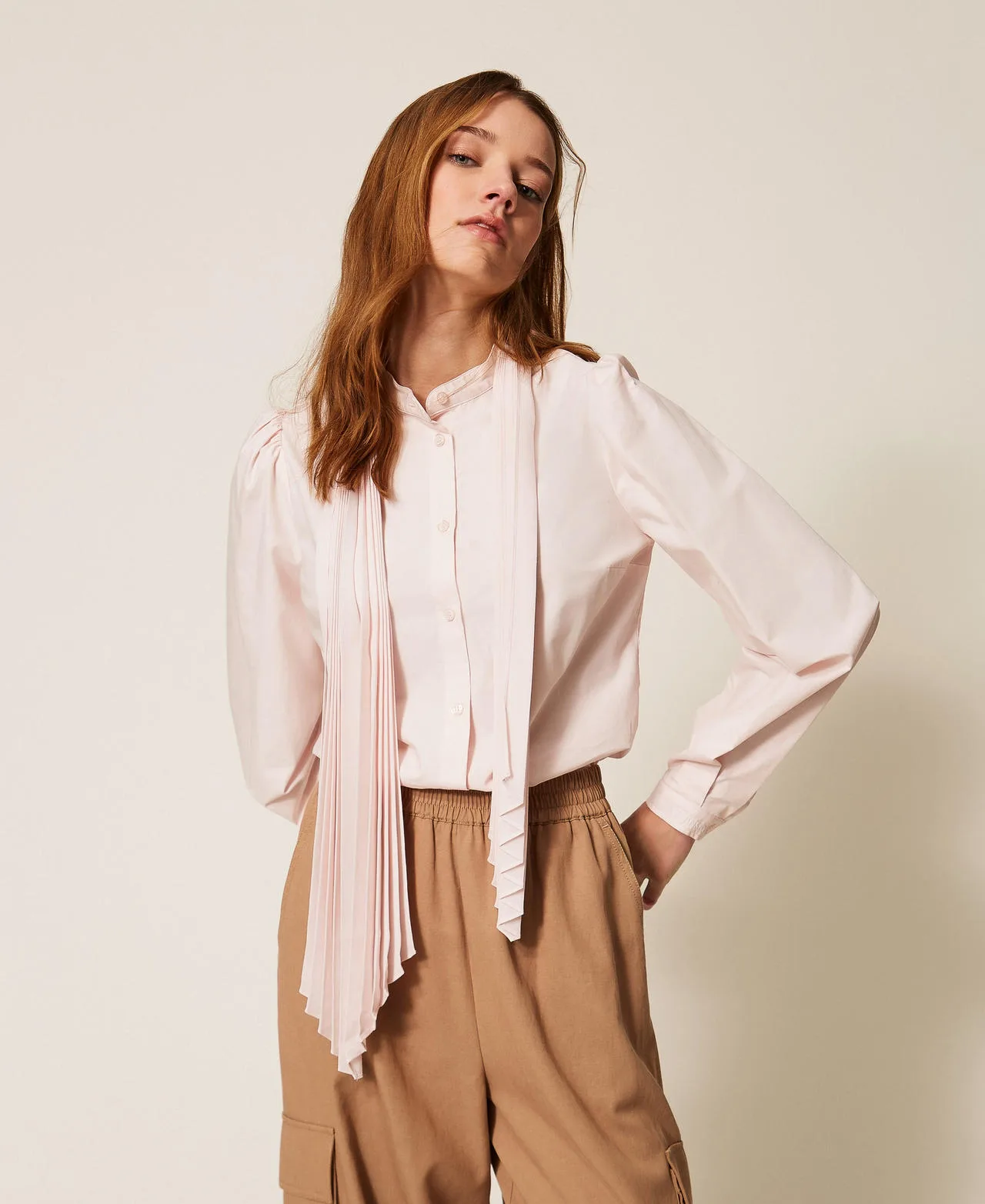 Chemise en popeline avec écharpe plissée - TWINSET - FashionsVida