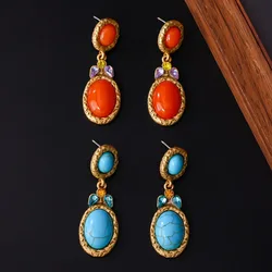 Vintage Turquoise Rhinestone Bow Geometric Stud Earrings for Women Retro Elegant Statement Jewelry Gift