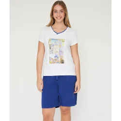 Camiseta de mujer cuello pico manga corta estampado posicional