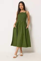 Women's Petite Linen Embroidered Trim Midi Dress in Olive Size: 10 - Olive - Size: 10